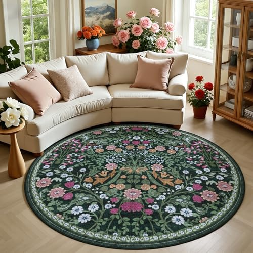 PLHXFR Round Area Rug Living Room: 6 ft Floral Washable Carpet Dark Green by PLHXFRSoftAreaRugs