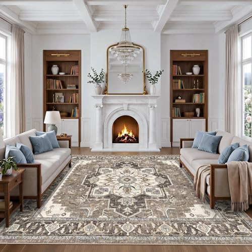 8x8 Area Rug Square for Living Room: Large Non-Slip Washable Rugs for Bedroom Dining Room Vintage Soft Low Pile Carpet Thin Stain Resistant Indoor Floor Mat for Home Office Apartment (Beige,8x8) by RUUGME