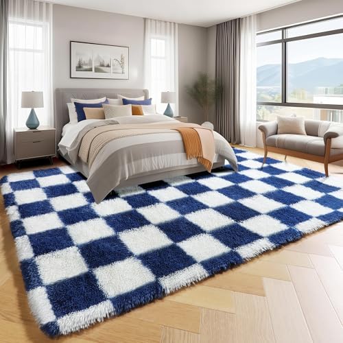 KICMOR Navy Blue and Cream White Rugs for Living Room, 4x6 Fluffy Fuzzy Shag Checkered Rug Shaggy Carpet for Bedroom, Soft Plush Area Rug for Nursery Toddler Room Classroom Study Room Kids Room - Image 3