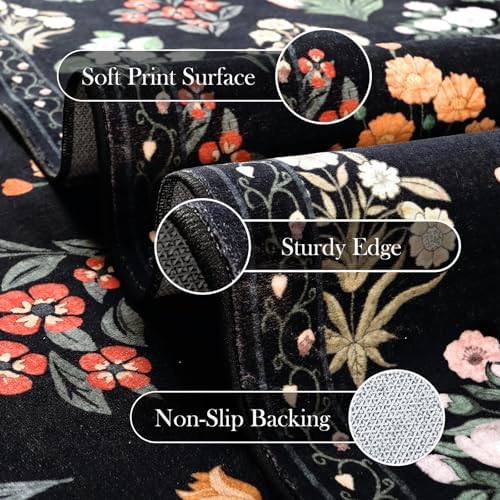 Wonnitar Floral Print Rug for Living Room, Black Washable 5x7 Area Rugs, Ultra-Thin Non Slip Stain Resistant Bedroom Carpet for Dining Room Playroom Office Dorm, Black/Multi - Image 4