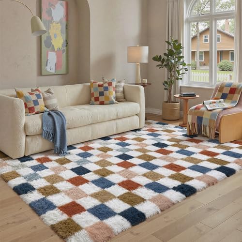 PureCozy Checkered Area Rug 7x10 for Living Room Soft Fluffy Shag Carpet - Image 4