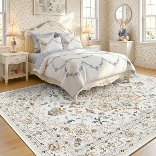 CAPALOCA 6x9 Washable Nursery Girls Low Pile Area Rug Beige White - Image 2