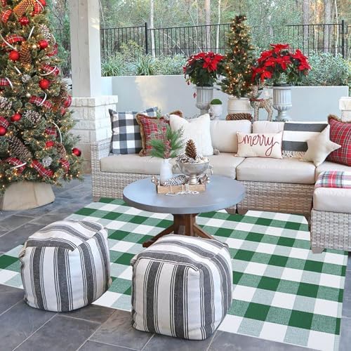 Green & White Christmas Plaid Rug, 4' x 6' Check Indoor/Outdoor Area Rug, Hello/Welcome Door Mat Layering Rug, Machine Washable Cotton Woven Rugs for Farmhouse Front Porch, Entryway - Image 3