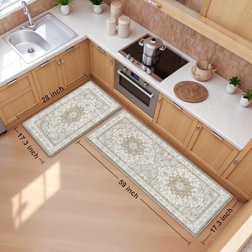 Boho Kitchen Mats for Floor 2PC Anti Fatigue Kitchen Rugs, Beige Tan - Image 2