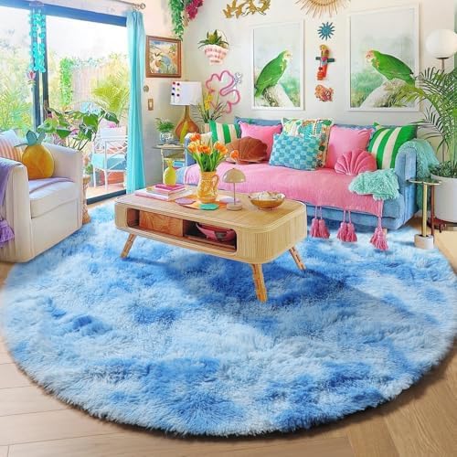Amdrebio Tie-Dyed Light Blue Round Rug 4Ft for Girls Bedroom Baby Nursery - Image 5