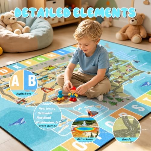 Kids Car Road Play Rug 8x10 ft, ABC City Map Car Rug Play Mat - Image 3