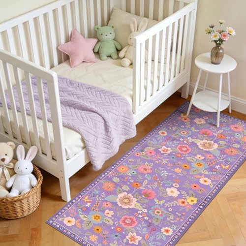 Floral Washable 2x5 Area Rugs Runner Entryway Hallway Purple/Pink by RELEANY