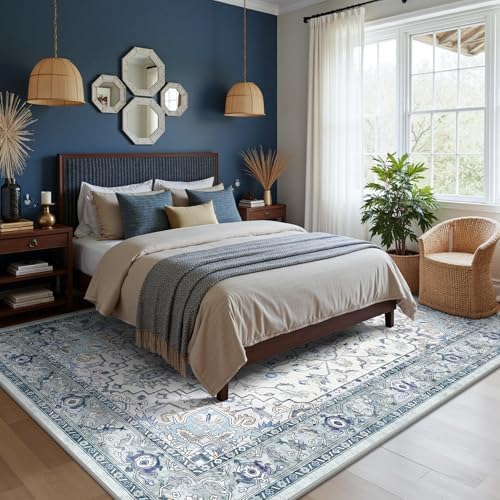 5x7 Area Rugs - Washable Rug Vintage Distress Boho Medallion Rugs for Living Room, Soft Non-Slip Backing Low Pile Carpet for Bedroom Dining Room Office Nursery Dorm Home, Blue Grey Purple - Image 3