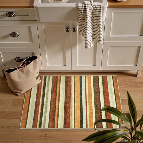 jinchan 2x3 Striped Rug for Entryway Washable Kitchen Rug, Caramel Dusk - Image 4