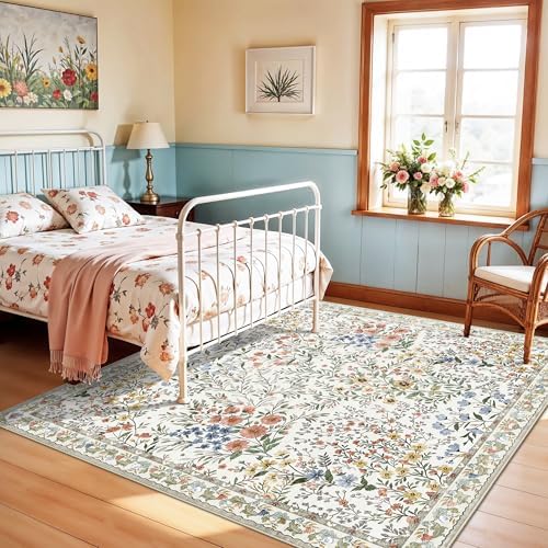 8x8 Square Area Rug Living Room, Non-Slip Floral Washable 8ft Square Rug Low Pile Thin Indoor Carpets for Dining Room Bedroom Office High Traffic Area Boho Vintage Home Decor (8ft Square, Beige) - Image 5