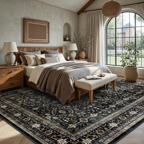 8x10 Area Rugs for Living Room - Washable Vintage Retro Large Rug, Soft Ultra Thin Non Slip Low Pile Traditional Distressed Boho Carpet for Bedroom Dining Room Home Office, Black & Gold - Image 4