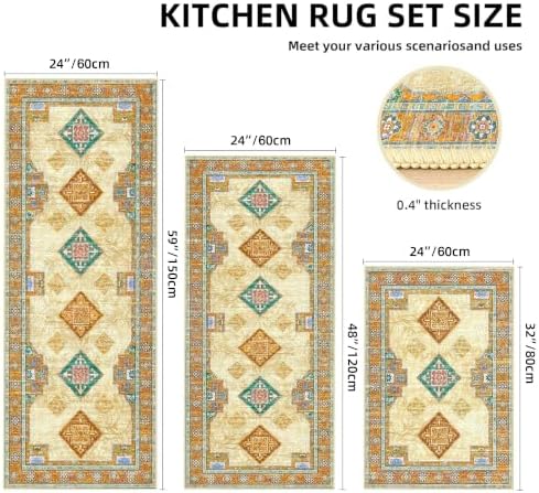 Kitchen Rugs Sets of 3 Non Slip Washable Kitchen Mats for Floor, Orange - Image 2