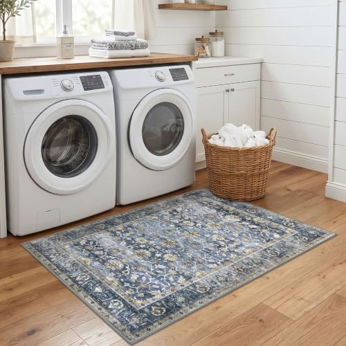 KUTA Vintage Area Rug 4x5 Washable Entryway Rug Blue Grey Beige - Image 3