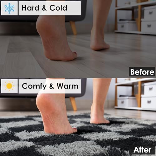 KICMOR Black and Grey Area Rug for Bedroom, 4x6 Fluffy Fuzzy Shag Checkered Rugs Shaggy Carpet for Living Room, Soft Plush Furry Bedside Rug for Kids Boys Room, Guest Room, Home Office Reading Nook - Image 6