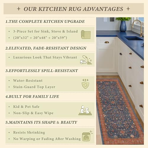 JTJ Boho Kitchen Rug Set of 3, Washable Non-Slip Mats, Navy Blue - Image 6