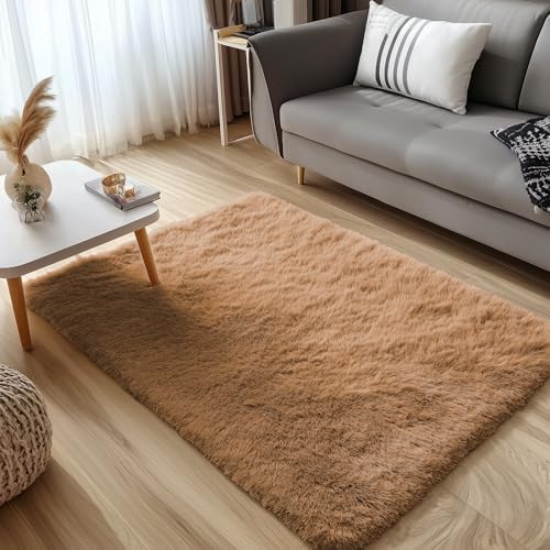 OLANLY 3x5 Machine Washable Small Bedside Rug, Soft Fluffy Shaggy Rugs for Living Room, Bedroom, Indoor Floor Carpet for Kids Girls and Boys, Preppy Dorms, Nursery, Home Decor Aesthetic, Khaki - Image 3