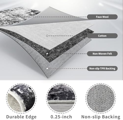 4x12 Runner Rug for Wide Hallway: Long Washable Runners for Entryway Living Room Dining Room - Stain and Water Resistant Rugs with Non-Slip Backing - Soft Low-Pile Carpet Black Grey - Image 6