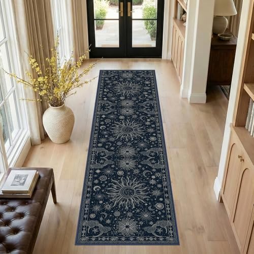 Vacuum-Friendly, 2x8 Washable Area Rug, Blue Gray White - Image 2