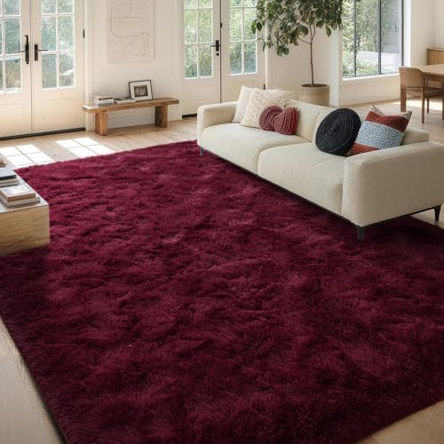 FinRèc Home 9x12 Non-Slip Fluffy Area Rugs for Living Room (Red) - Image 2