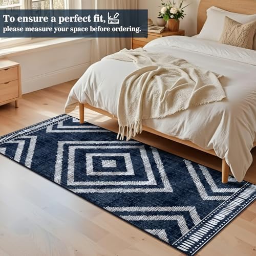 Boho Runner Rugs for Hallway 2x6ft Non Slip, Navy Blue Washable Kitchen Rug Runner, Soft Moroccan Low Pile Geometric Farmhouse Laundry Floor Carpet for Entryway Bedroom Bathroom - Image 3