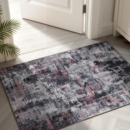 Sasttie 2x3 Entryway Area Rug, Modern Abstract Small Carpet, Black & Pink by SASTTIE