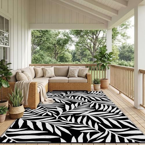 Smiry Outdoor Rug 8x10 ft Waterproof Reversible Leaf Mat, Black & White - Image 6