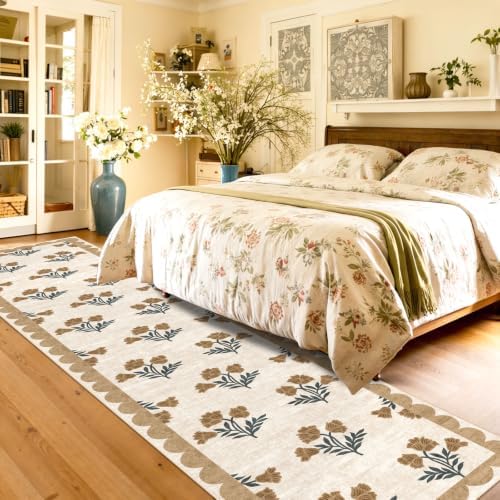 Non Slip Washable Hallway Runner Rug - 2x12 Extra Long Beige Kitchen Runner Rug Soft Boho Runners for Hallways Vintage Floral Scalloped Area Rug for Bedroom Entryway Foyer Stair Runner Decor - Image 4