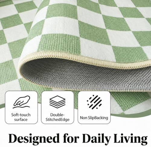 5x7 Checkered Area Rug for Living Room, Soft Low Pile Light Green rugs - Image 5