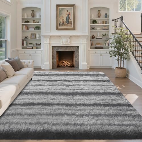 5x7 Ft Large Shag Rug for Living Room Bedroom,Tie-Dyed Ultra Soft Fluffy Furry Area Rug, Aesthetic Carpet for Indoor Floor Home Decor (Grey&White) - Image 2