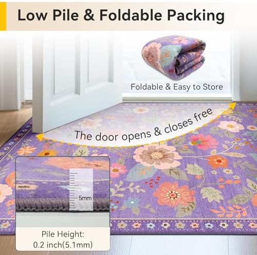 RELEANY Floral Washable 2x3 Area Rugsk Doormat Purple/Pin - Image 4