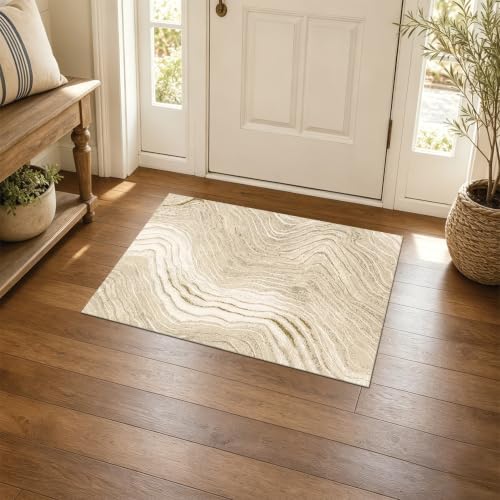Flowing Gilded Veins 2x3 ft Cream Gold Area Rug for Entryway Bathroom by Unknown