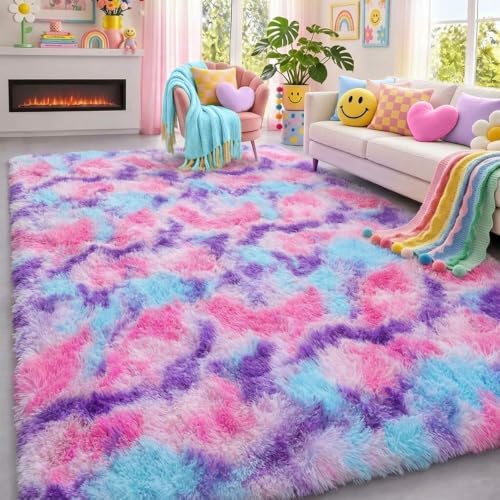 Rainbow Purple Rugs for Girls Bedroom 5x8 Ft,Fluffy Pastel Vibrant Cute Rug by PAGISOFE
