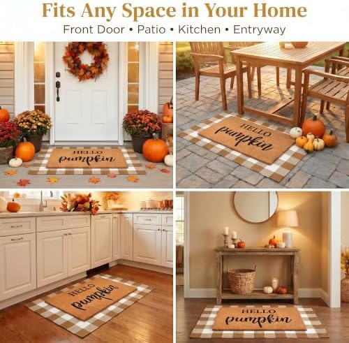 Fall Decor Doormat Combo Set, 100% Coco Coir Welcome Mat + 3' x 5' Coffee and White Plaid Rug - Fall Thanksgiving Front Porch Entryway Decor Floor Mat, Indoor Outdoors Autumn Mats Hello Pumpkin - Image 5