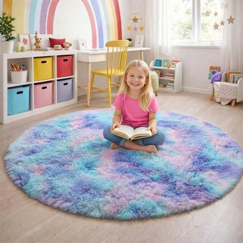 Amdrebio Purple Rainbow Mermaid Shag Round Rug 5Ft for Kids Girls Bedroom - Image 3