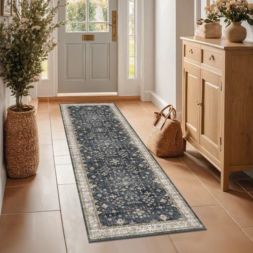 Black 2x7 Long Runner Rugs for Entryway, Throw Runners for Kitchen Hallway, Boho Vintage Floral Decor & Non-Slip Low-Pile Washable Stain Resistant Ashen Charcoal Rug - Image 6