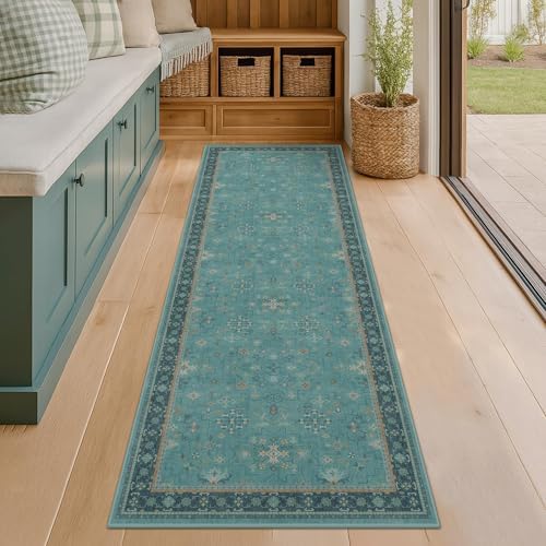 Boho 2'6"x10' Wide Hallway Runner Rugs - Teal 10ft Long Washable Indoor Floor Mats for Entryway, Non Slip with Rubber Backing, Floral Aqua Blue Unique Runner Décor by HazoHaus
