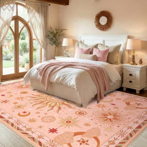 Vacuum-Friendly, 9x12 Washable Area Rug, Pink Gold Beige Red - Image 3