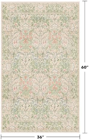 Washable Neutral Floral Living Room Rug, 3x5 Area Rugs for Bedroom, Nursery, Kitchen, Large Entryway, Vintage Non-Slip Throw Rug Low Pile Stain Resistant (3x5 Garden Green) - Image 2