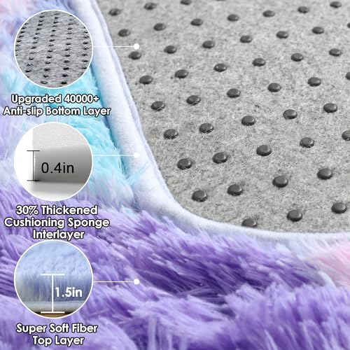 Checkered Purple Rainbow Area Rugs, Fluffy 5x8 Geometric Rug Girls Bedroom - Image 4