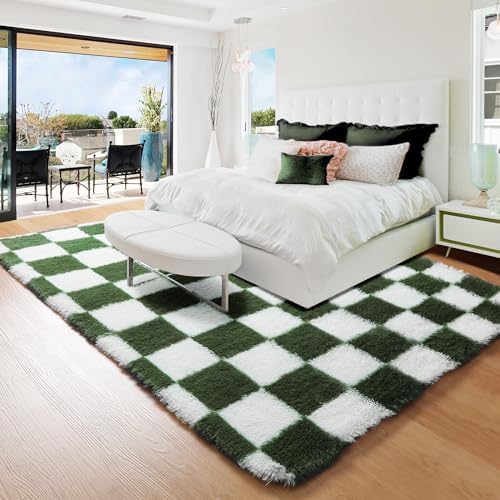 KICMOR Area Rug 5x7 for Living Room, Soft Fluffy Olive Green and White Checkered Shag Rugs Shaggy Fuzzy Carpet for Bedroom, Indoor Furry Plush Floor Rug for Kids Boys Girls Dorm Nursery Home Decor - Image 3