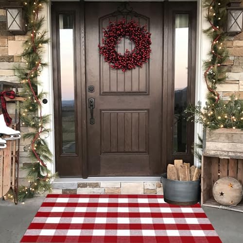 Christmas Door Mat Outdoor 35.4''x59'' Buffalo Plaid Christmas Decor Rug Cotton Hand-Woven Layered Door Mats Washable Carpet for Front Porch, Kitchen, Farmhouse, Entryway - Image 2