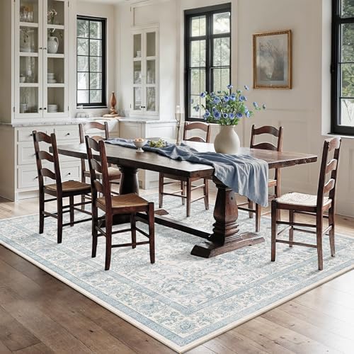 5x7 Washable Bedroom Area Rug Non-Slip Vintage Blue Throw Carpet - Image 4