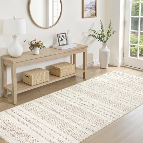 cotiled Hallway 3x10 Runner Rugs Washable Boho Rug Brown Cream - Image 3