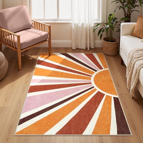 LIVEBOX Boho Rug 3x5 Rainbow Sun Rug for Kids Room, Soft Washable Small Entryway Rugs for Mushroom Indoor Entry, Non-Slip Yellow Nursery Rugs Boho Carpet for Bedroom Dorm by LIVEBOX