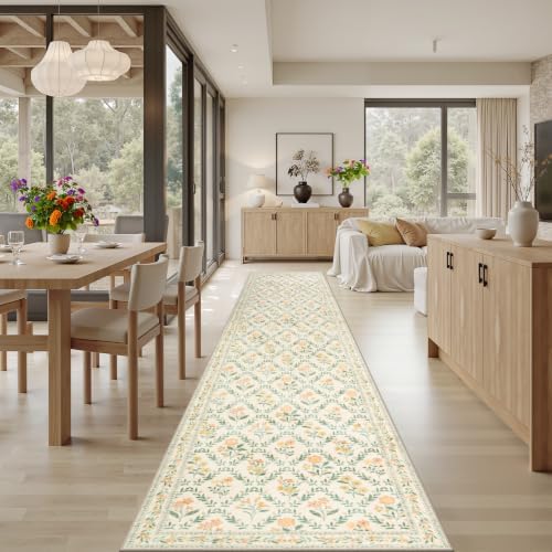 PLHXFR 2.6x14 Washable Runner Rug：Floral Indoor Kitchen Carpet Beige Multi - Image 4