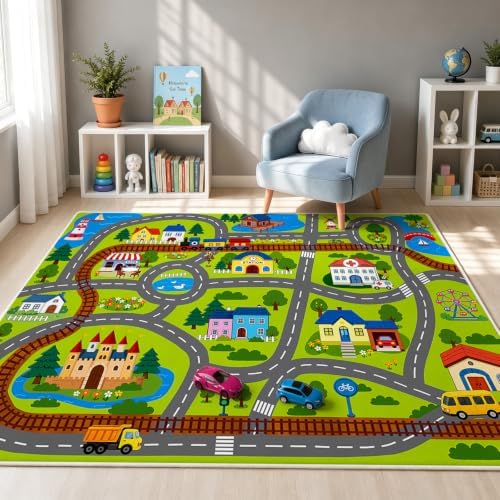 5x7 Ft Car Rug Play Mat for Kids, Non Slip Car Train Track Rug Town City Road Map Playmat for Children, Washable Carpet for Boy Playroom Bedroom - 60"x84" - Image 7