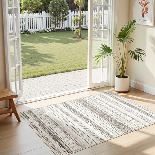 Tortania Area Rug Living Room Rugs - 3x5 Washable Large Soft Neutral Boho Moroccan Bohemian Farmhouse Rug Indoor Floor Carpet for Bedroom Under Dining Table Home Office Decor - Cream Brown by Tortania