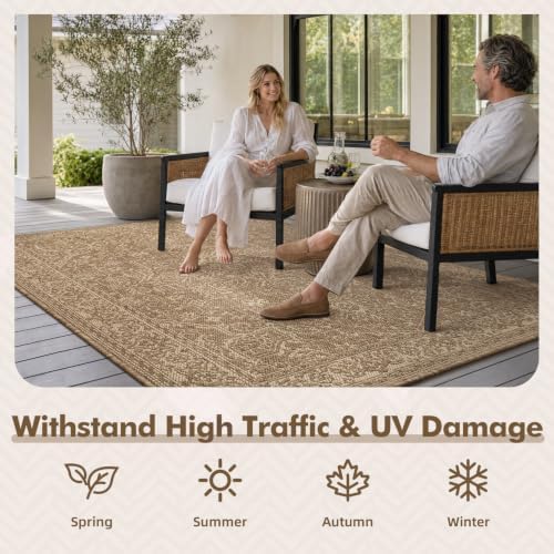 MontVoo-Outdoor Rug-Patio Rug 4x6 ft Polypropylene Indoor Outdoor Rugs Carpet for Patio Deck Balcony Porch,Textured Weave, Durable for High Traffic, Fade-Resistant, Vintage Medallion Neutral Brown - Image 4