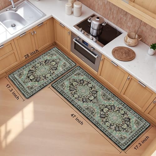 Boho Kitchen Mats for Floor 2PC Anti Fatigue Kitchen Rugs, Black Green - Image 2