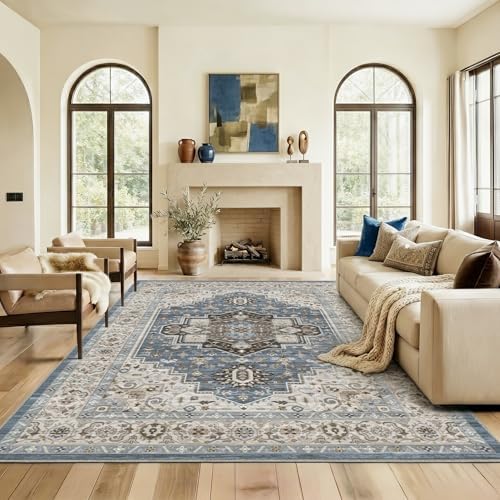 Washable 4'x6' Vintage Area Rug for Bedroom Living Room Blue by Unknown